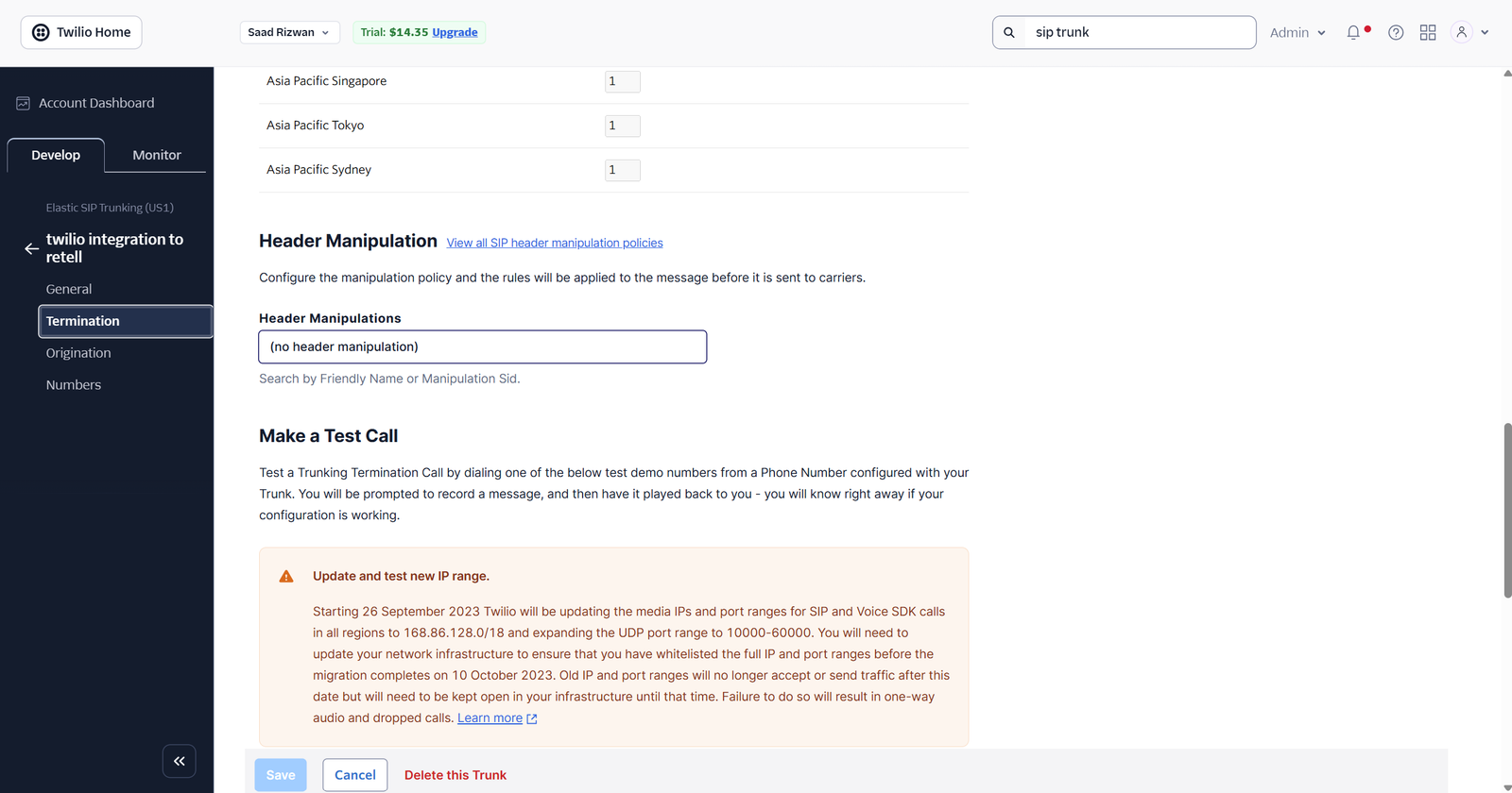 Twilio call termination setup